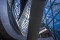 Longest escalator in Germany inside of futuristic architecture Myzeil shoping center building. Frankfurt.