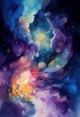 The Longest Night: A Painting of Person, Colorful Neb, Background Mana, Flowing Watercolor Suns, and Supernovas