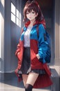 Longing anime girl in red and blue jacket with shirt inside it, posing in cute for photos, school girl, students, wallpaper