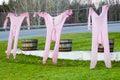 Long johns hanging on clothesline with wash tubs