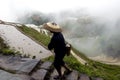 Farmer in China with rice fields after rain Royalty Free Stock Photo