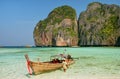 Longtail boat anchored at Maya Bay on Phi Phi Leh Island, Krabi