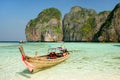 Longtail boat anchored at Maya Bay on Phi Phi Leh Island, Krabi