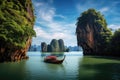 Longtail boat in Ha Long bay, Quang Ninh province, Vietnam, Amazed nature scenic landscape James bond island with a boat for Royalty Free Stock Photo