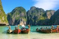 Longtail boats anchored at Maya Bay on Phi Phi Leh Island, Krabi Province, Thailand