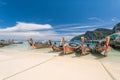 Longtail boats anchored at Phi Phi Don Island, Krabi Province, Thailand on 19 August 2020