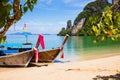 Longtail Boats Moored At Aonang Beach in Thailand Royalty Free Stock Photo