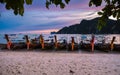 Longtail boats during sunset on the Beach of Koh Phi Phi Don Thailand Royalty Free Stock Photo