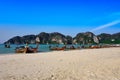 Longtailboat at beautiful landscape Patong Beach . sky sunny at the summer, famous attractions in Phuket island of Thailand