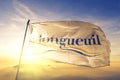 Longueuil of Quebec of Canada flag waving on the top sunrise mist fog Royalty Free Stock Photo