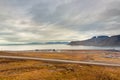 Beautiful overview photo of parts of Longyear city airport with mighty mountains and seascape. Svalbard, Norway Royalty Free Stock Photo