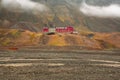 Beautiful overview photo of parts of Longyear city with mighty mountains. Svalbard, Norway