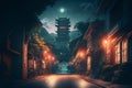 Lonley looking street in a traditional looking Chinese town lit by lanterns and the light of the moon.n