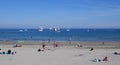 Looe Beach July 5 2019, Looe Lugger Regatta boats anchored of the beach Royalty Free Stock Photo