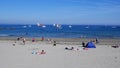 Looe Beach July 5 2019, Looe Lugger Regatta boats anchored of the beach Royalty Free Stock Photo