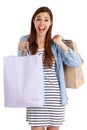 Look at all the bargains I got. Studio shot of a beautiful young woman holding shopping bags against a white background. Royalty Free Stock Photo