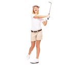 Look at that ball go. Studio shot of an excited young female golfer swinging her club isolated on white. Royalty Free Stock Photo