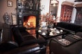 Look at that beautiful burning. Interior of luxury restaurant in vintage aristocratic style with beautiful fireplace