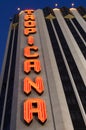 A look from below of the neon signage of the legendary Tropican Hotel and Casino.