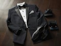 A perfectly tailored tuxedo paired with shiny black dress shoes created with Generative AI