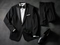 A perfectly tailored tuxedo paired with shiny black dress shoes created with Generative AI