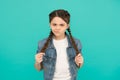 Look of discontent. Unhappy girl with braided hairstyle. Beauty look of little child. Casual fashion look. Trendy style