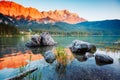 A look at the famous lake Eibsee in sunligth Royalty Free Stock Photo