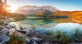 A look at the famous lake Eibsee in sunligth Royalty Free Stock Photo