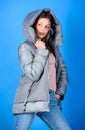 Look fashionable. Street style. Girl wear fashion clothes. Winter outfit concept. Purposeful layering is perfect way to