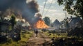 Look-like Ukrainian, Eastern European village destroyed by War, people leaving village, abandoned buildings, burned houses