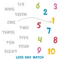 Look and Match the numbers 1 to 10. Kids words learning game, worksheets with simple colorful graphics. children educational Learn