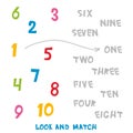 Look and Match the numbers 1 to 10. Kids words learning game, worksheets with simple colorful graphics. children educational Learn