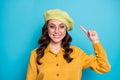 Look my incredible outfit. Astonished fun girl pint index finger her french beret impressed glamour stylish clothes Royalty Free Stock Photo