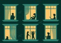 Look at the neighbors in the windows. Cartoon characters in the apartment are people sitting  working  playing with mobile phones Royalty Free Stock Photo