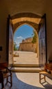 Look through open doors of church in castle of Capdepera