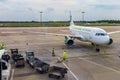 Look out of the airport window at airfield. Germania Airlines