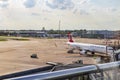 Look out of the airport window at airfield. Turkish Airlines