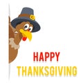 Look out of corner thanksgiving turkey in pilgrim hat flat design vector illustration