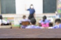 Look out from the table. Blurred primary school classroom in Thailand. Blurred male or female students