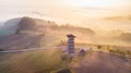 Look Out Tower in Brusnik,Ciezkowice. Polish Landscape at Foggy Sunrise