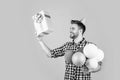 look over there. happy birthday to you. male holiday celebration. bearded guy with party balloons and gift box. unshaven Royalty Free Stock Photo