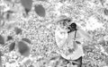 Look over there. male photographer enjoy cherry blossom. travel and walking in cherry park. hobby at retirement. tourism Royalty Free Stock Photo