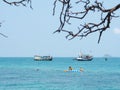 Look at passenger ships floating on the sea and tourist snockling