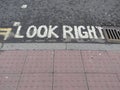 `Look right` inscription on the street. London. Royalty Free Stock Photo