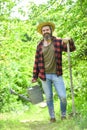 Look after them and store them carefully. Gardener agricultural worker with garden tools. Caucasian farmer countryside Royalty Free Stock Photo