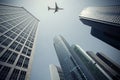 Look up at aircraft is flying modern urban office buildings in S Royalty Free Stock Photo