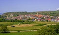 Look at Vogtsburg-Burkheim with church and castle ruins. Kaiserstuhl