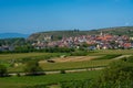 Look at Vogtsburg-Burkheim with church and castle ruins. Kaiserstuhl