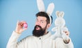 Look what i found. Hipster cute bunny blue background. Easter bunny. My precious. Funny bunny with beard and mustache