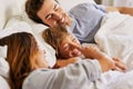 Look who sneaked in here. a cheerful young family relaxing in bed at home during the day.